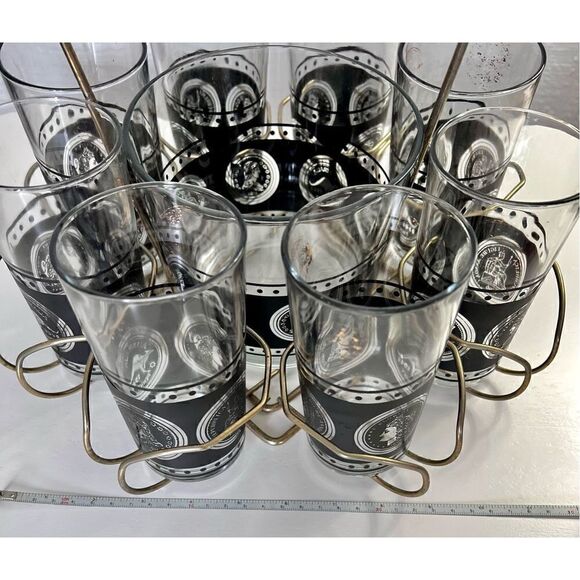 Vtg Hazel Atlas Coins Of the World 8 Glasses, Ice Bucket Black Gold & Caddy MCM - Picture 13 of 16